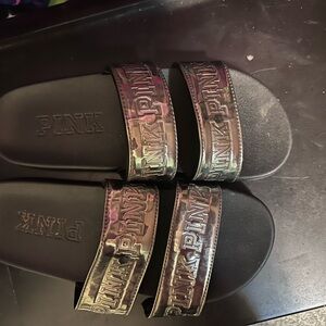 PINK Victoria's Secret Iridescent Black Slide Sandals